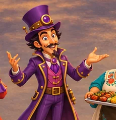 Larve in his purple top hat and coat