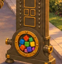 Larve's brass machine, its round window full of colored blocks
