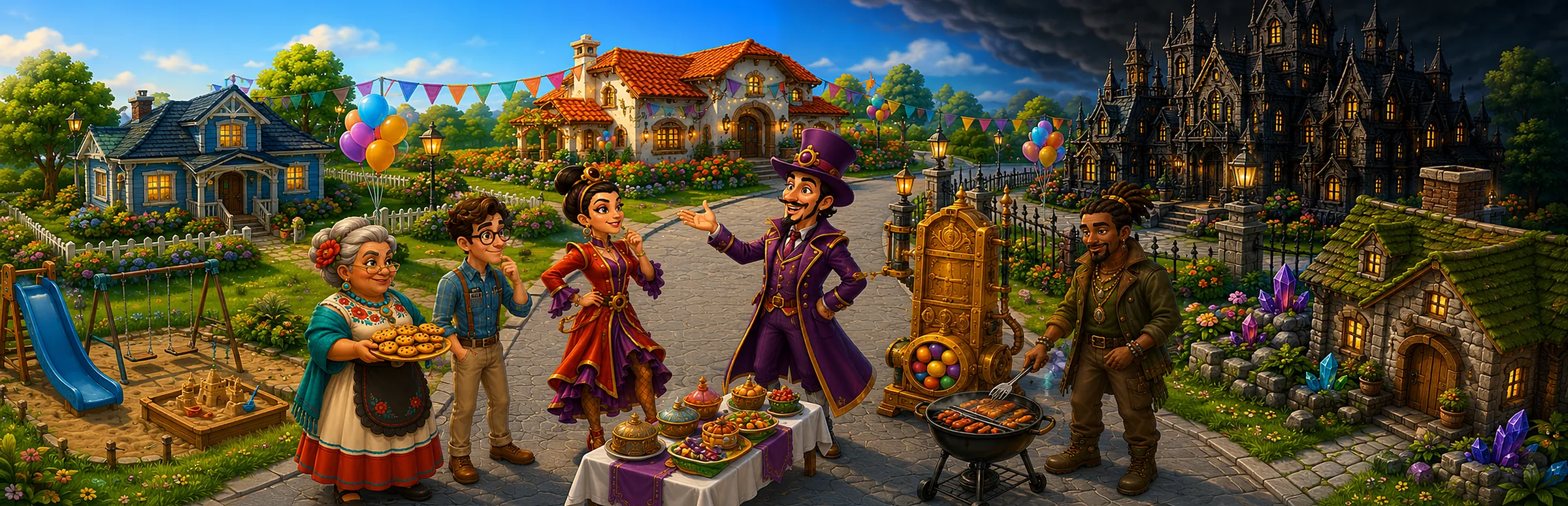 The neighbors at a block party in front of their houses: Rosa with a tray of cookies, Roger, Katerina, Larve in his purple top hat beside his brass machine, and DaJohn at the grill.